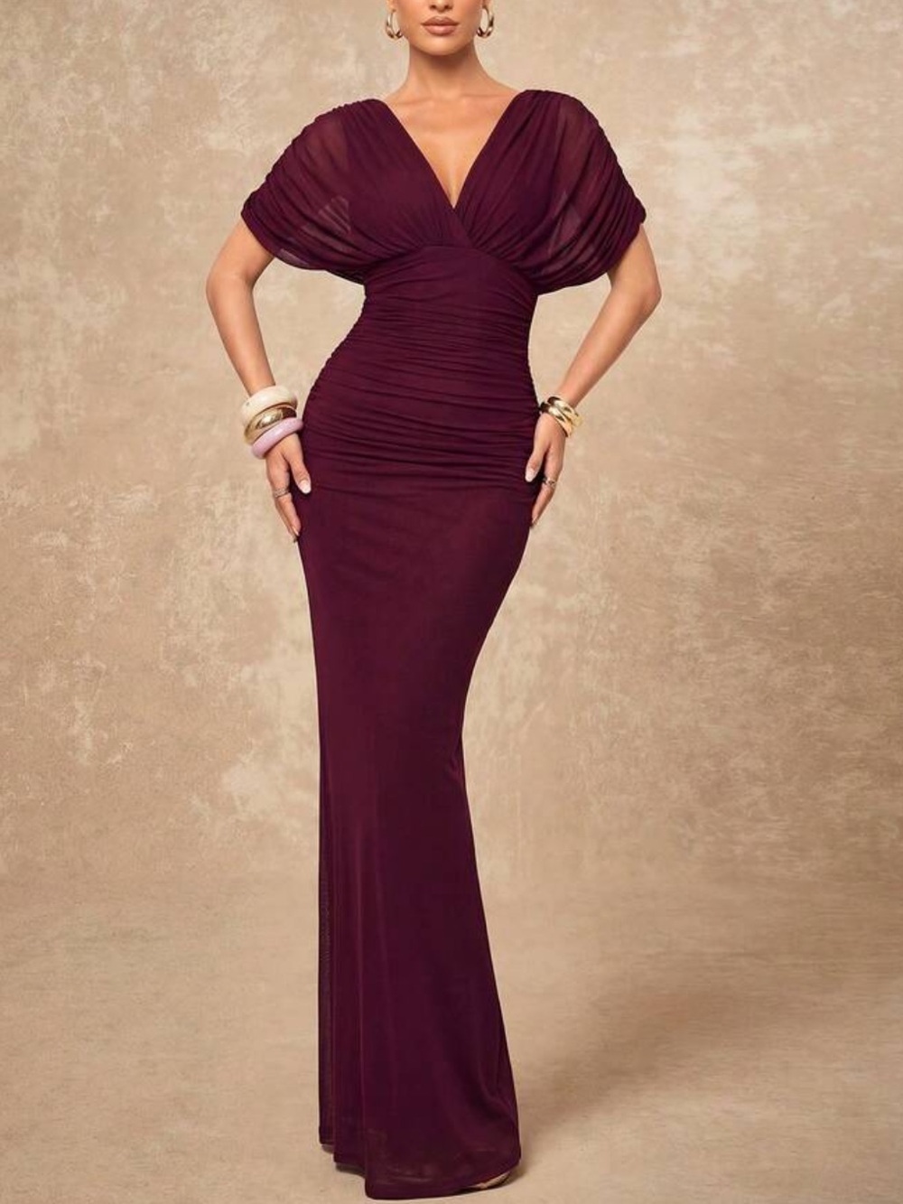 Elegant Burgundy Ruched V-Neck Evening Gown